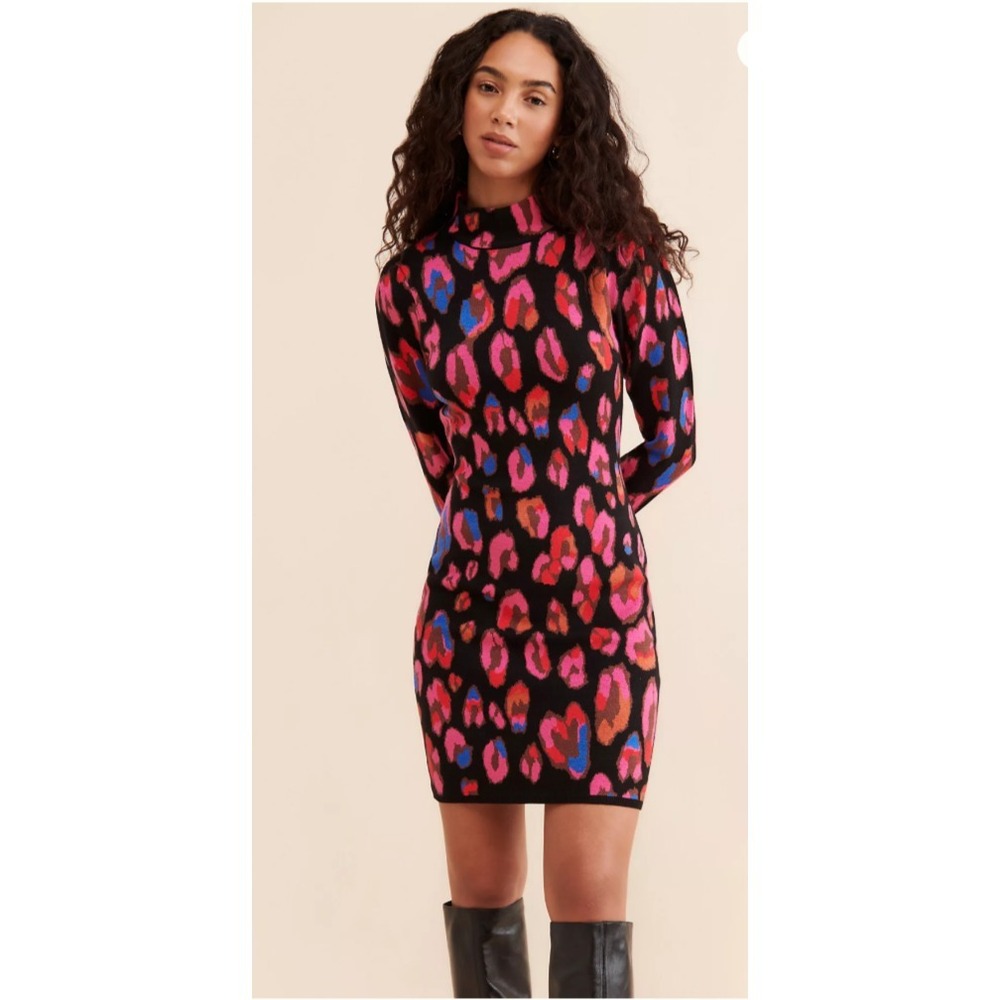 Farm Rio Women Size XXS‎ Iridescent Leopards Cut Out Knit Mini Dress
